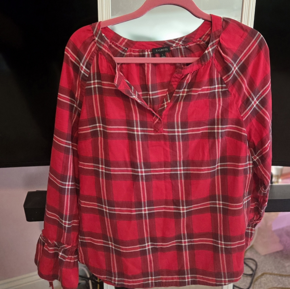 Deal Talbot's Red plaid cotton blouse ties and ruffle sleeves L Holliday